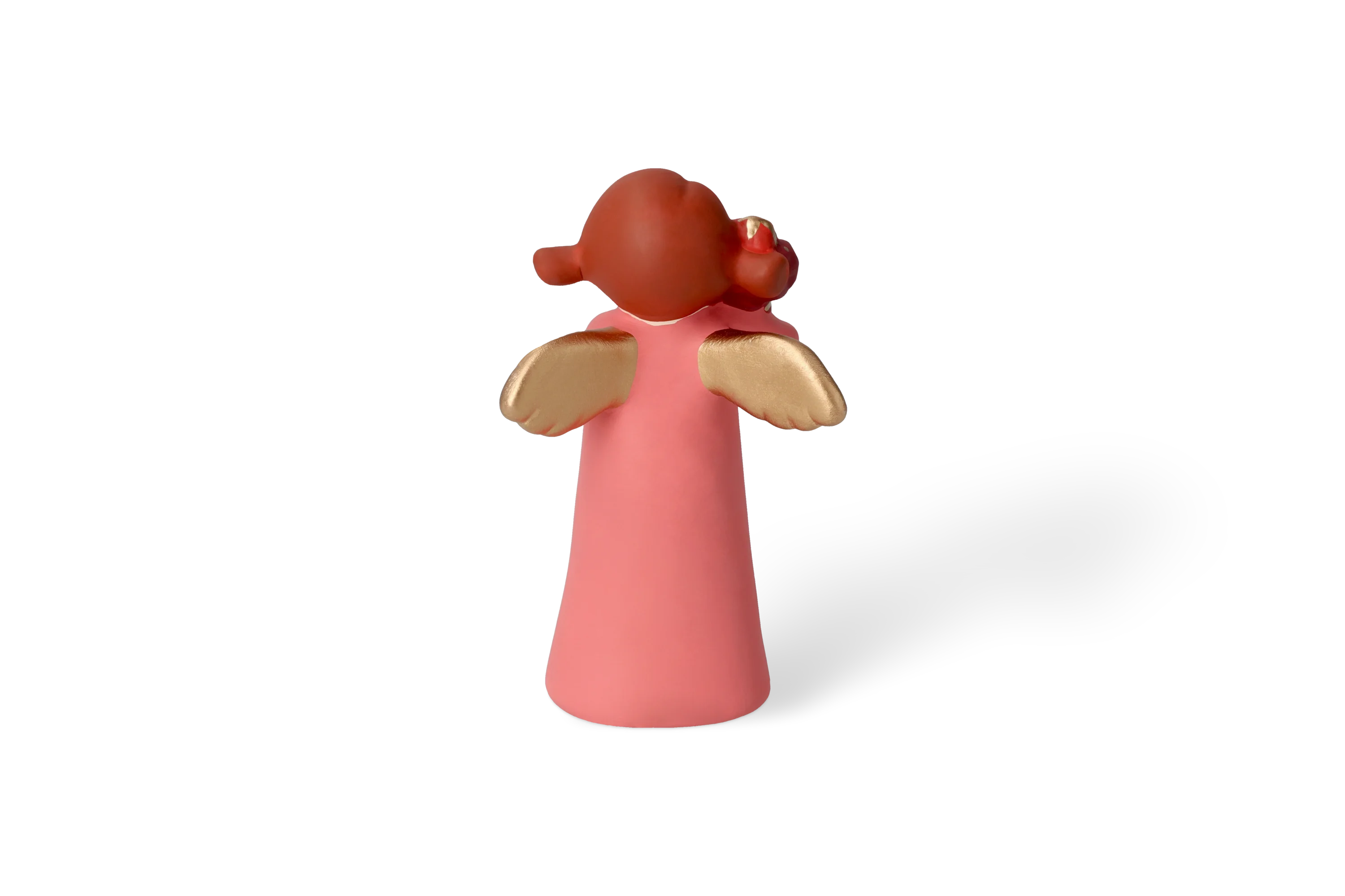 Engel Rosine Mittel - Edition 9 Rueckansicht Dekofigur Himmlische Schwester mit goldenen Fluegeln im rosa Kleid haelt rotgoldene Geschenke