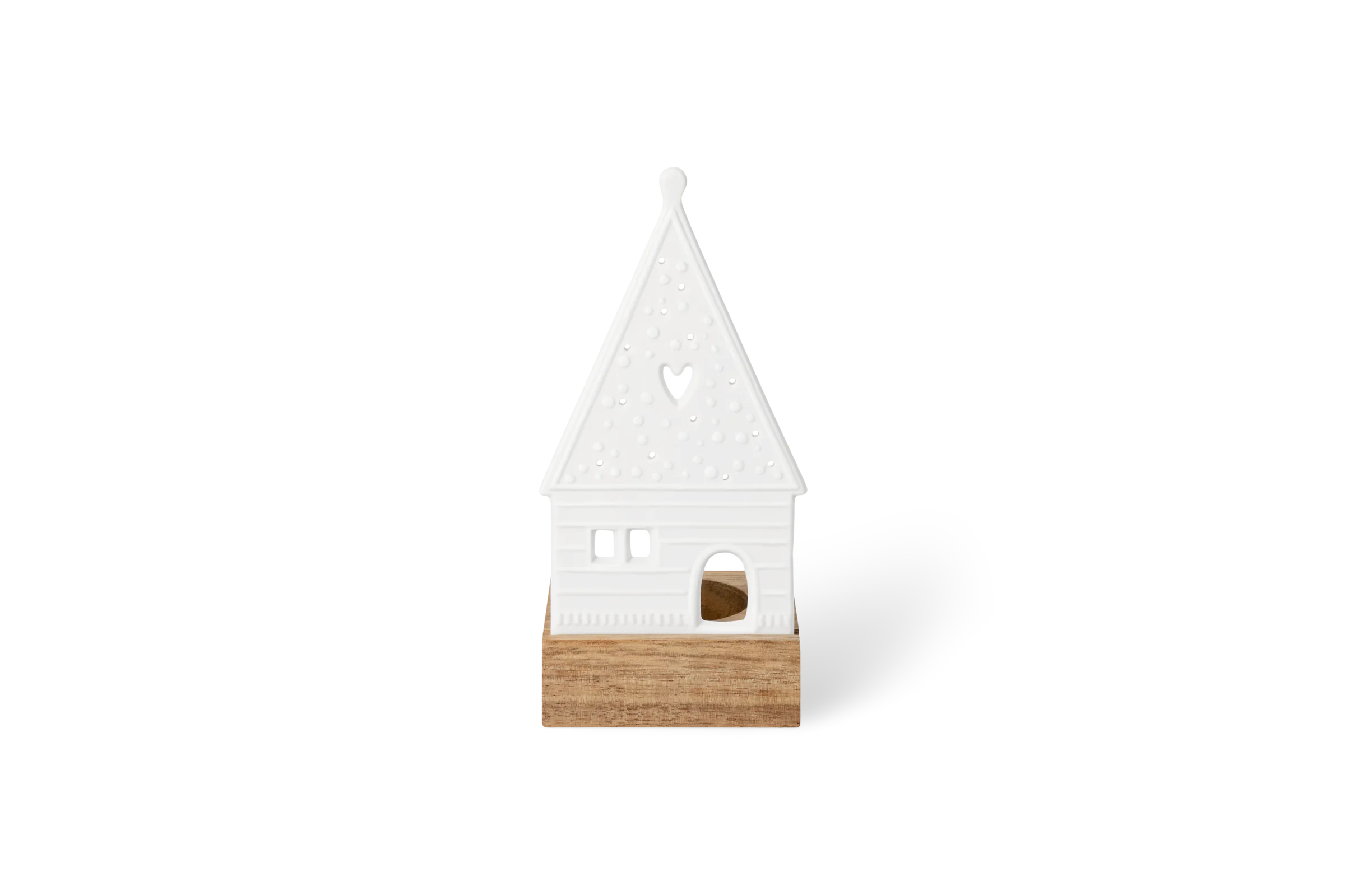Lichtszene Lebkuchenhaus Herz Weiße Lichtszene Lebkuchenhaus Herz mit erhabenen Punkten auf dem Dach und Holzsockel in der Vorderansicht.