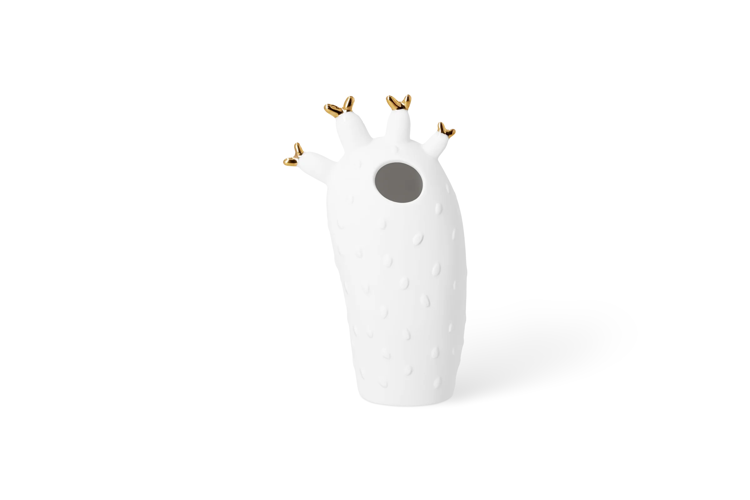 Weiße Porzellanvase Blütezeit mit erhabenen Punkten und goldfarbenen Blütenknospen am Rand in der Vorderansicht.