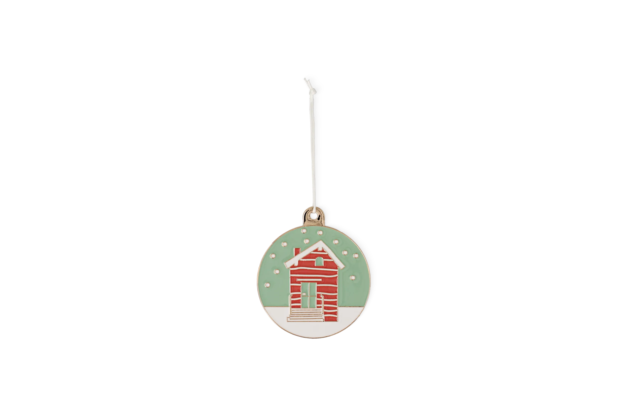 Anhänger Ornament Winter Schneehütte mit roter Holzhütte, grüner Tür und weißen Schneepunkten in der Vorderansicht.