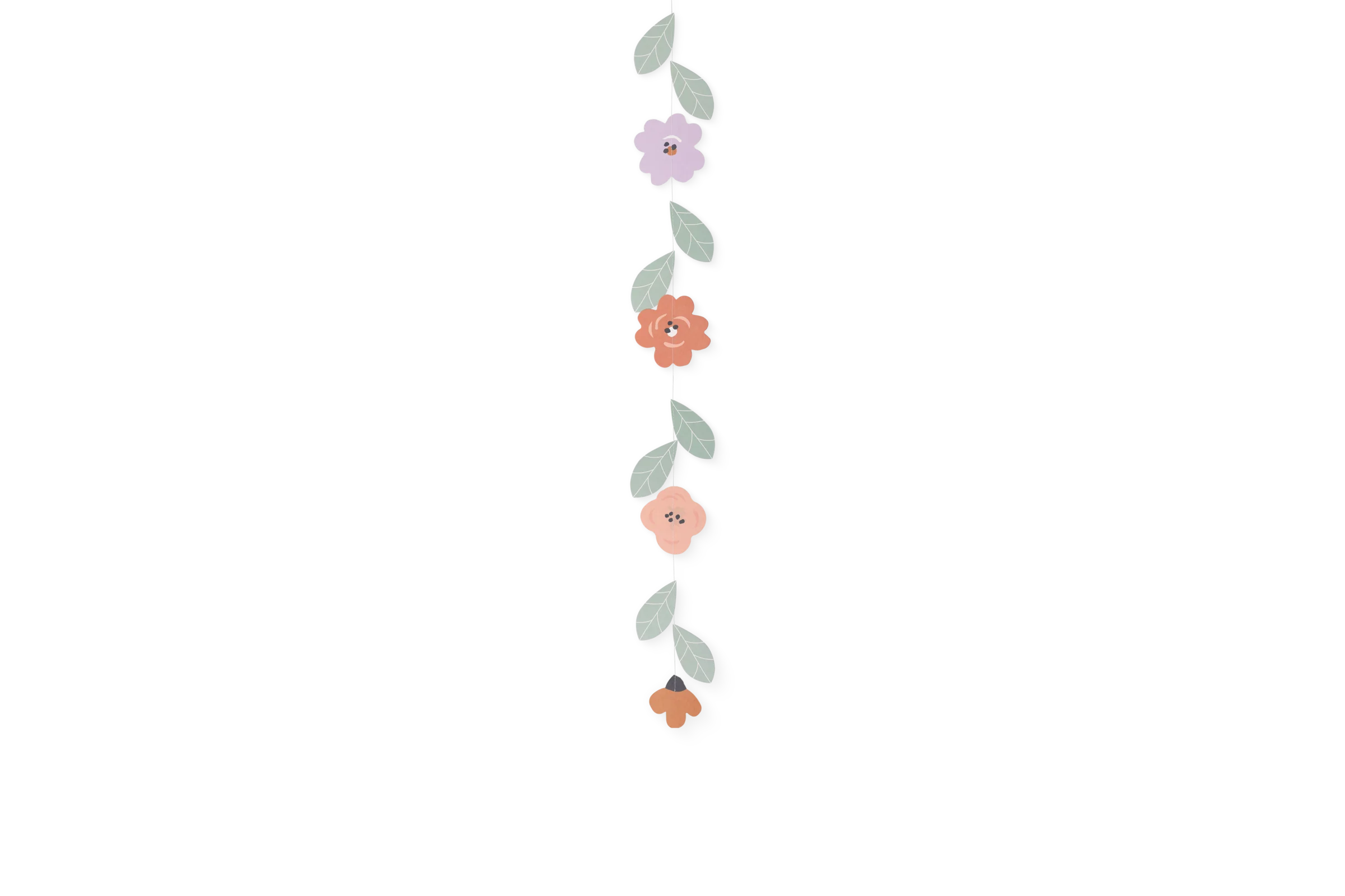 Kette Blumenranke mit pastellfarbenen Blüten und grünen Blättern an feiner Gliederkette in der Vorderansicht.
