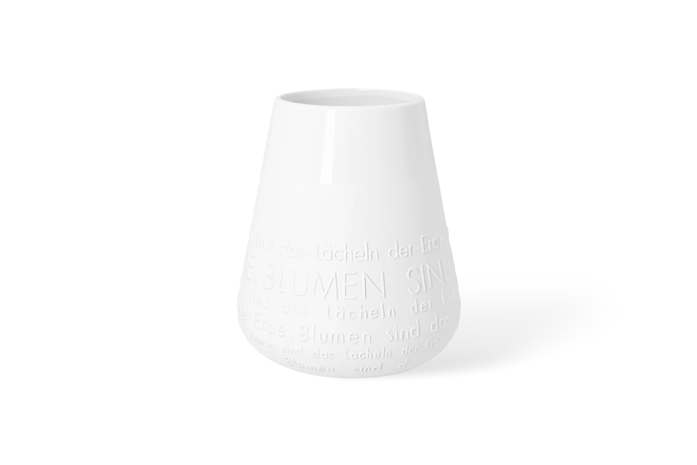Weiße Porzellanvase Blütezeit mit erhabenem Schriftzug Blumen sind das Lächeln der Erde in der Linksansicht.