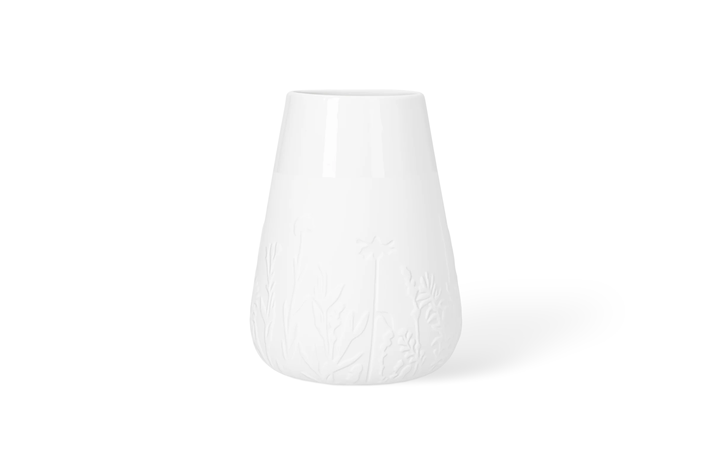 Weiße Porzellanvase Blütezeit mit erhabenem Blumen- und Gräserrelief in der Linksansicht.