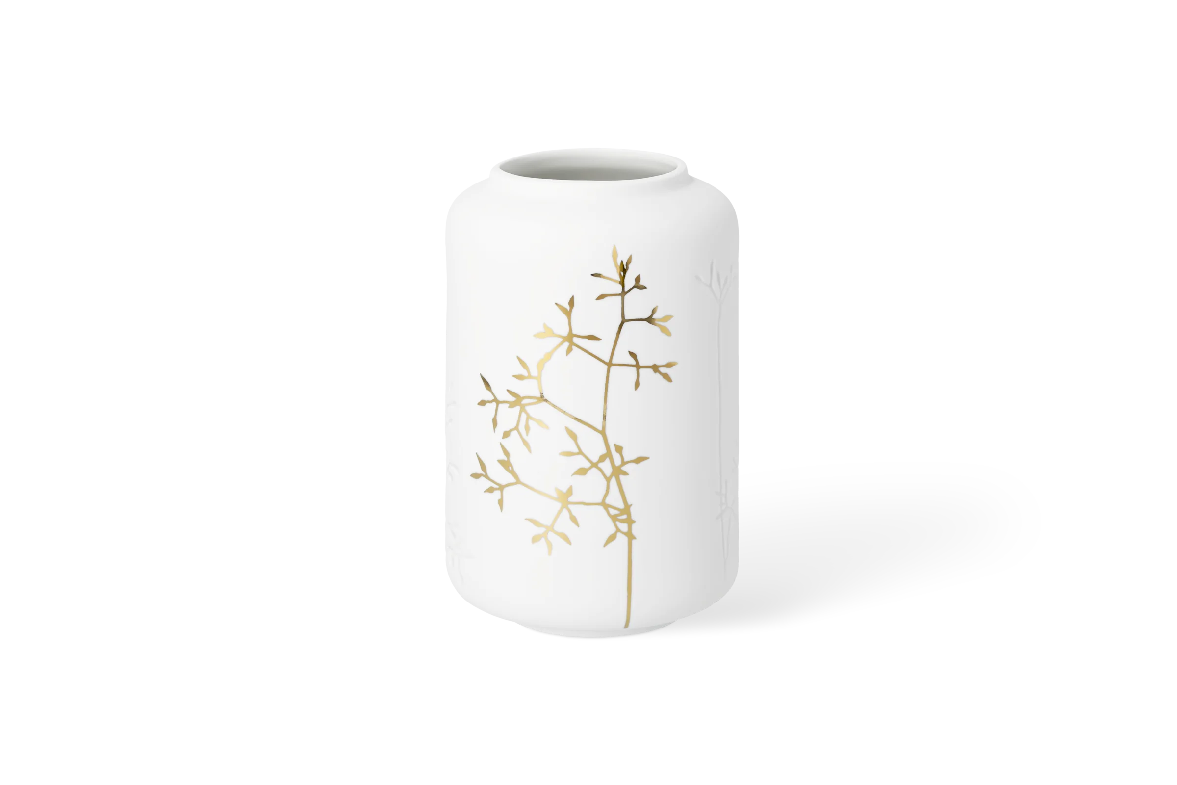 Vase Goldzweig - 1000 ml Weiße Porzellanvase Blattwerk mit goldenem Zweigmotiv und eingeprägten Zweigen in der Vorderansicht.