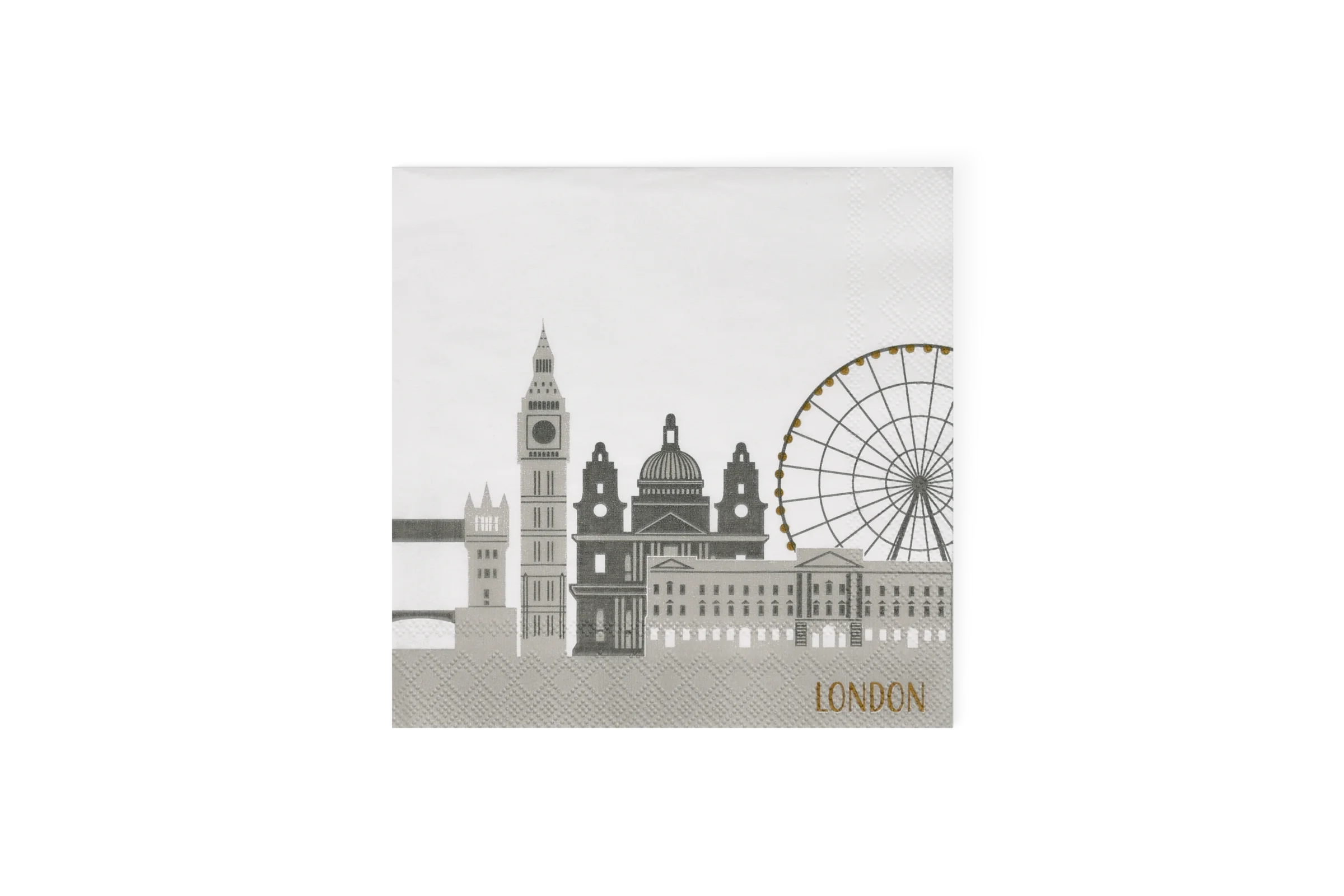 Weiße Cocktailserviette mit grauer Londoner Skyline, goldenem London Schriftzug und geprägtem Rand in der Vorderansicht.
