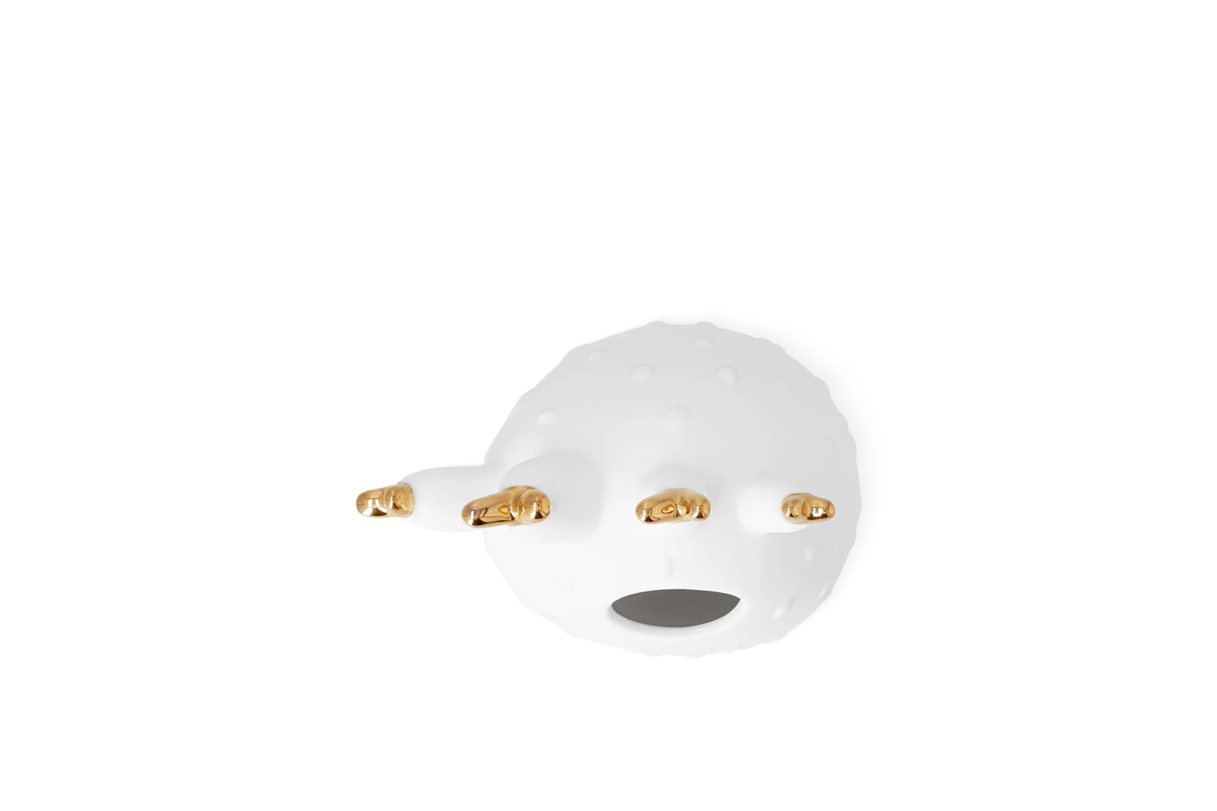 Weiße Vase Blütezeit mit organisch geformtem Rand, goldfarbenen Details und hochgeprägten Punkten in der Draufsicht.