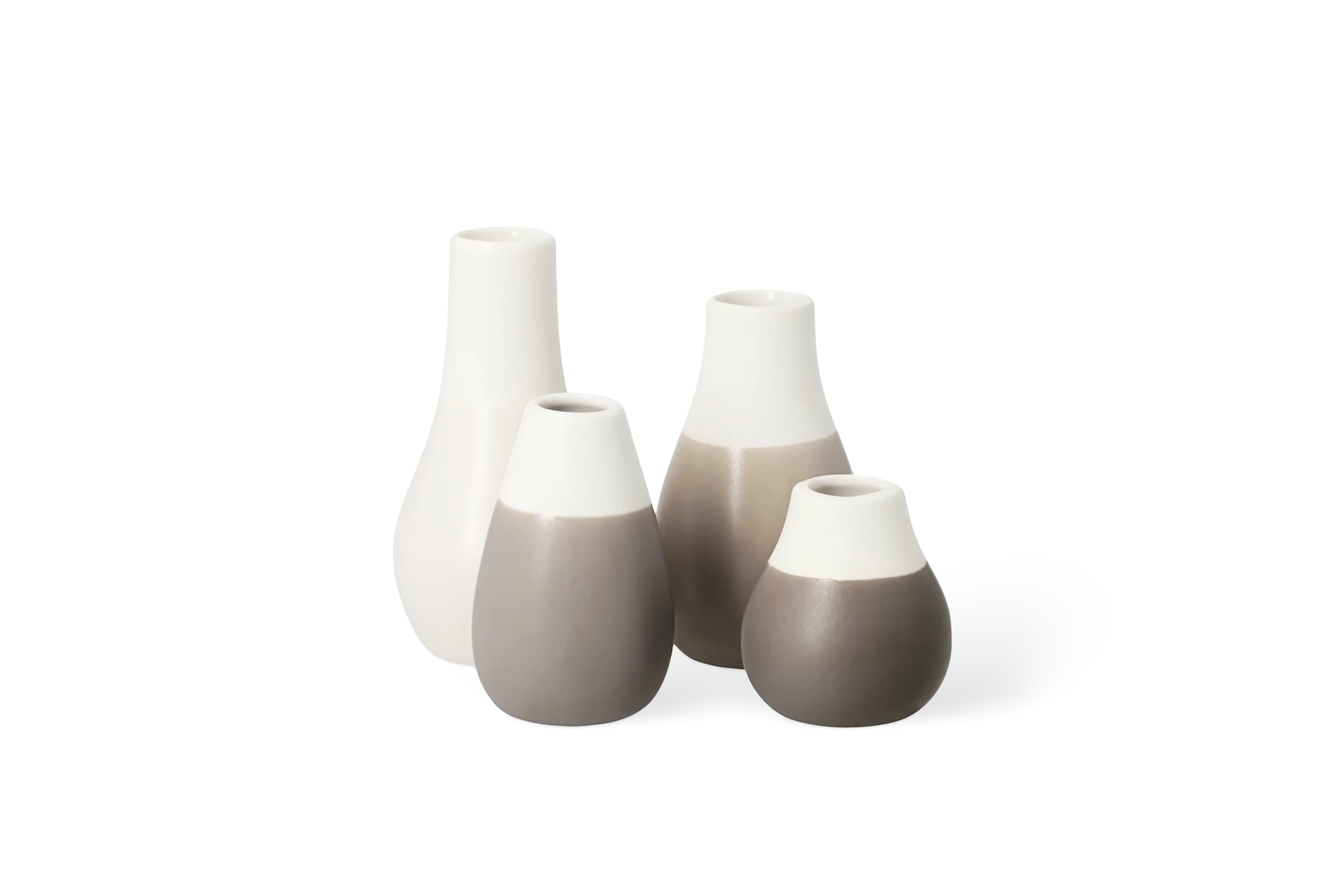 Minivasen Pastell Grau - 4er Set Vier Minivasen der Serie Blütezeit in Weiß und Taupe mit organisch gerundeten Formen, Vorderansicht Nummer 2.