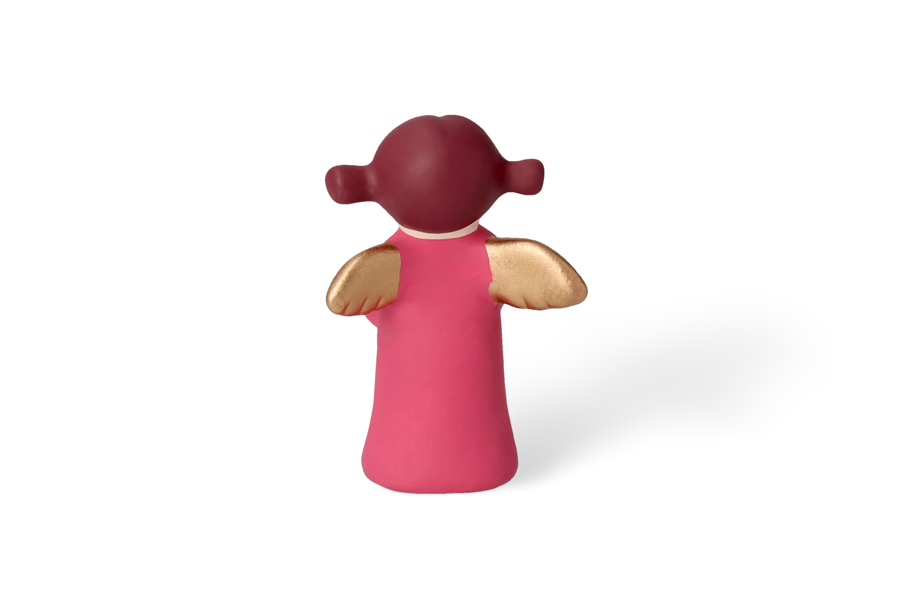 Engel Charlotte Klein - Edition 9 Rueckansicht Dekofigur Himmlische Schwester mit goldenen Fluegeln im pinken Kleid haelt kleines goldenes Herz