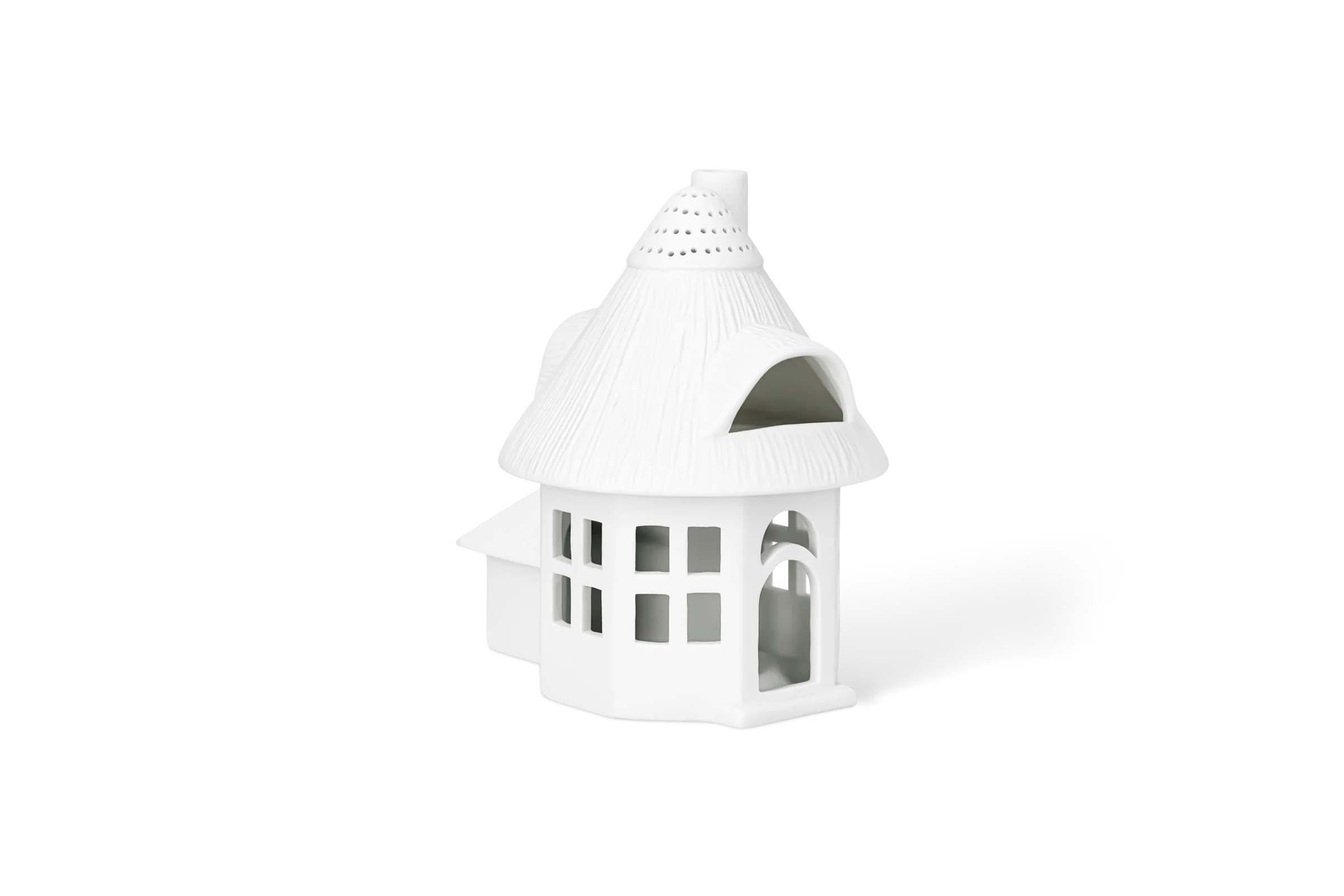 Lichthaus Reetdachturm Weißes Lichthaus mit strukturiertem Reetdach, Schornstein, Fenstern und Rundbogentür in der vorderen Linksansicht.