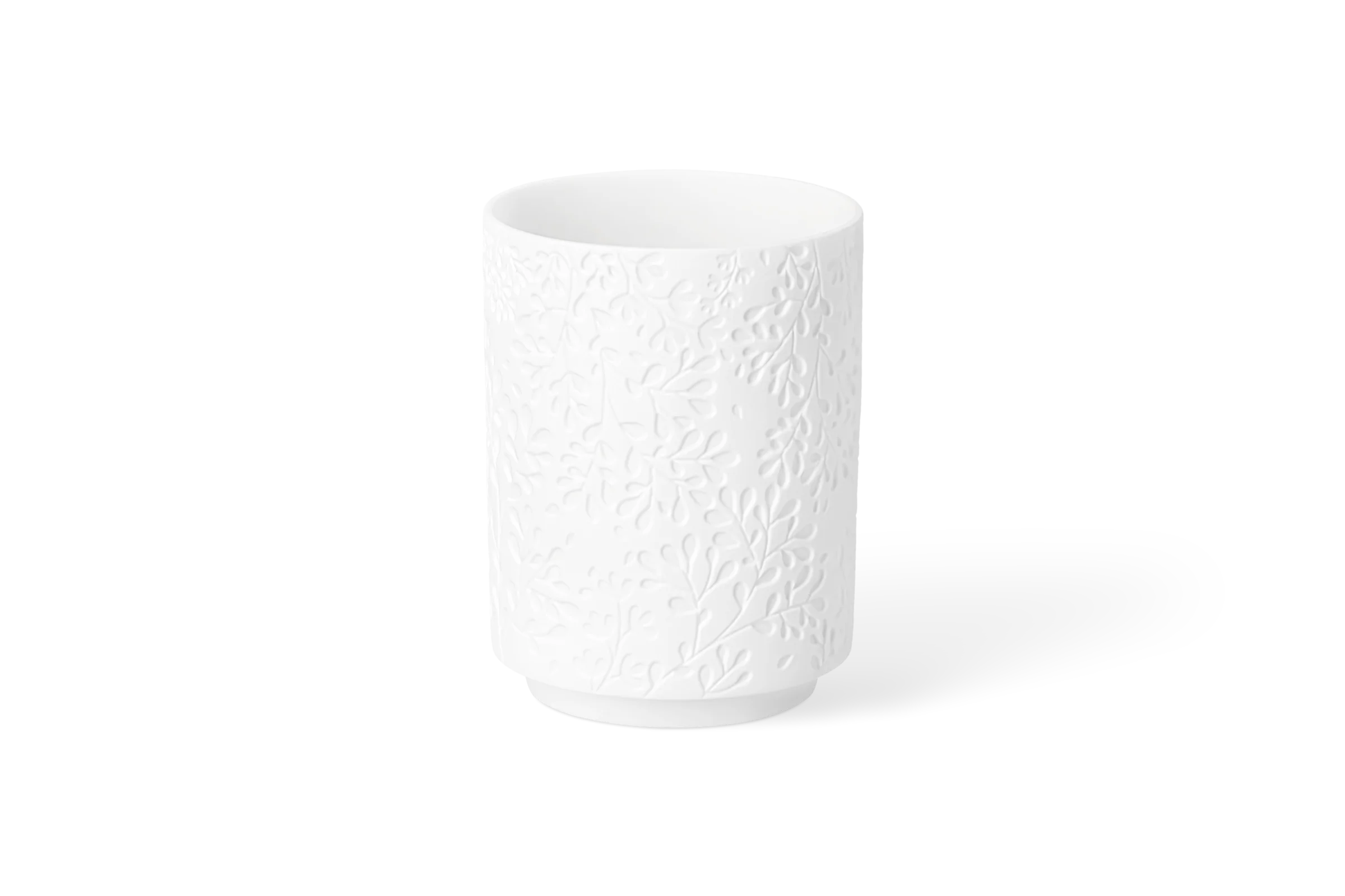 Vase Wunderblätter Zweige Weiße Vase Wundergarten mit erhabenem Relief aus Blättern und Blüten in der Vorderansicht.